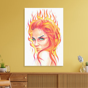 Fire Woman Surreal fantasy Portrait drawing art Canvas Print