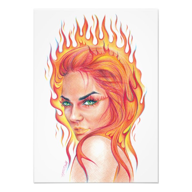 Fire Woman Surreal fantasy Portrait drawing art Photo Print (Front)