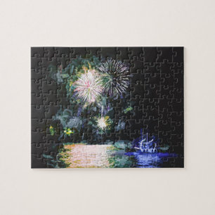 Fire Works Celebration Ocean Boat Watercolor Jigsaw Puzzle