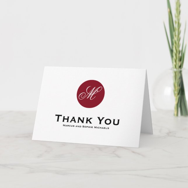 Firebrick Red Circle Monogram Thank You Card (Front)