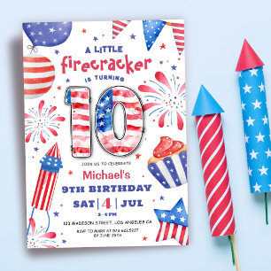 Firecracker 4th July 10th Birthday Patriotic Cute Invitation