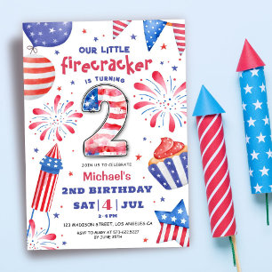 Firecracker 4th July 2nd Birthday Patriotic Cute Invitation