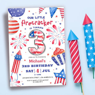 Firecracker 4th July 3rd Birthday Patriotic Cute Invitation