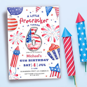 Firecracker 4th July 6th Birthday Patriotic Cute Invitation