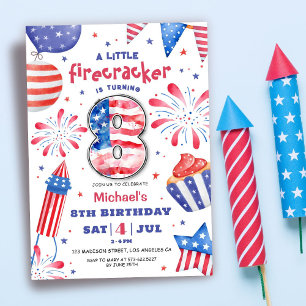 Firecracker 4th July 8th Birthday Patriotic Cute I Invitation