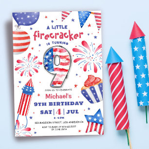 Firecracker 4th July 9th Birthday Patriotic Cute Invitation
