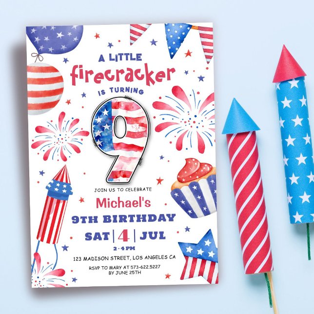 Firecracker 4th July 9th Birthday Patriotic Cute Invitation (Creator Uploaded)