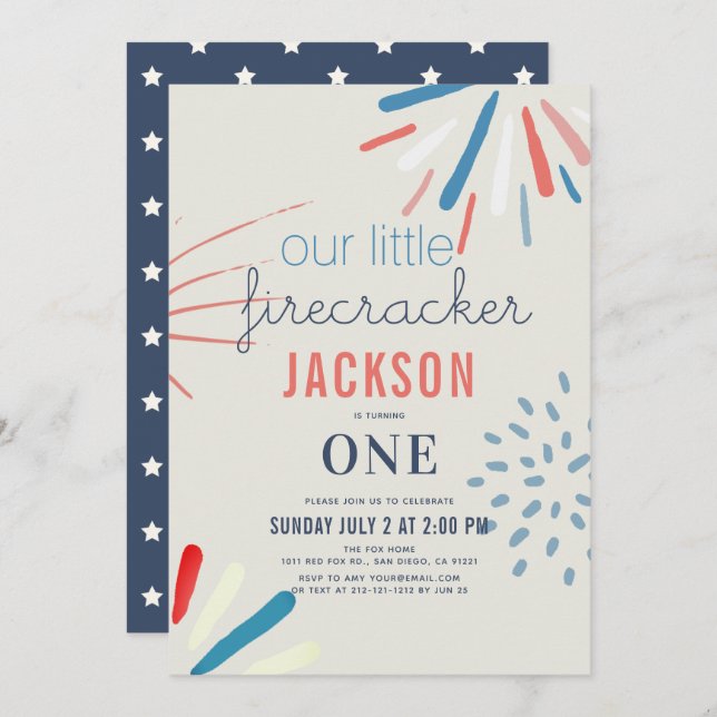 Firecracker 4th of July Fireworks 1st Birthday Invitation (Front/Back)