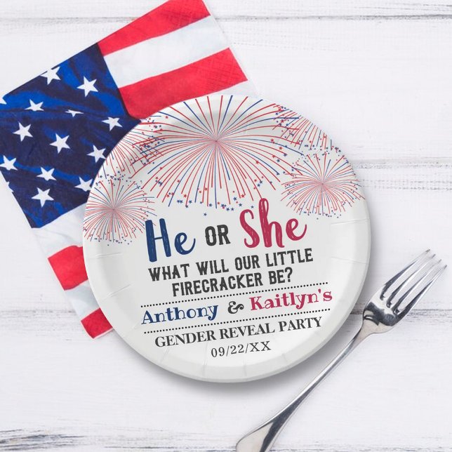 Firecracker 4th Of July Gender Reveal Party Paper Plate (Creator Uploaded)
