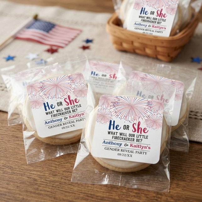 Firecracker 4th Of July Gender Reveal Party Square Sticker (Creator Uploaded)