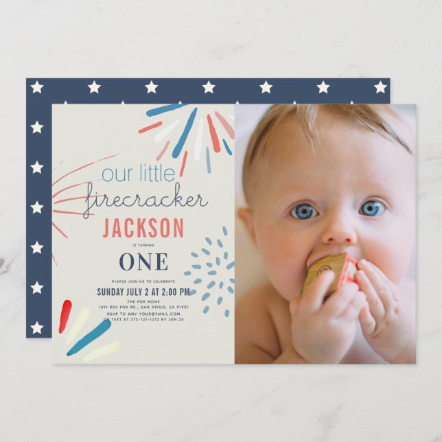 Firecracker July 4th Fireworks Photo 1st Birthday Invitation (Front/Back)
