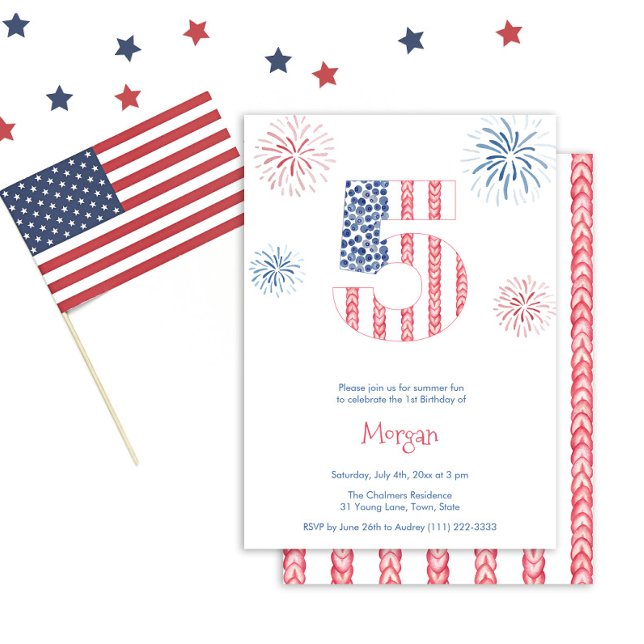 Firecracker Memorial Day 5th Birthday Party Invitation (Summer fun red white and blue 5th birthday party invite featuring watercolor firework bursts)