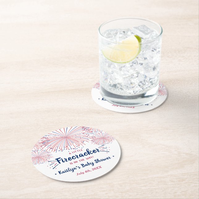 Firecracker On The Way! 4th Of July Baby Round Paper Coaster (Insitu)