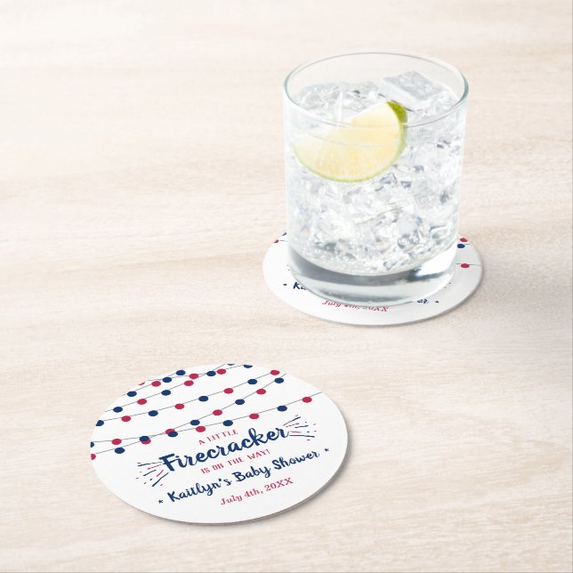 Firecracker On The Way! 4th Of July Baby Round Paper Coaster (Insitu)