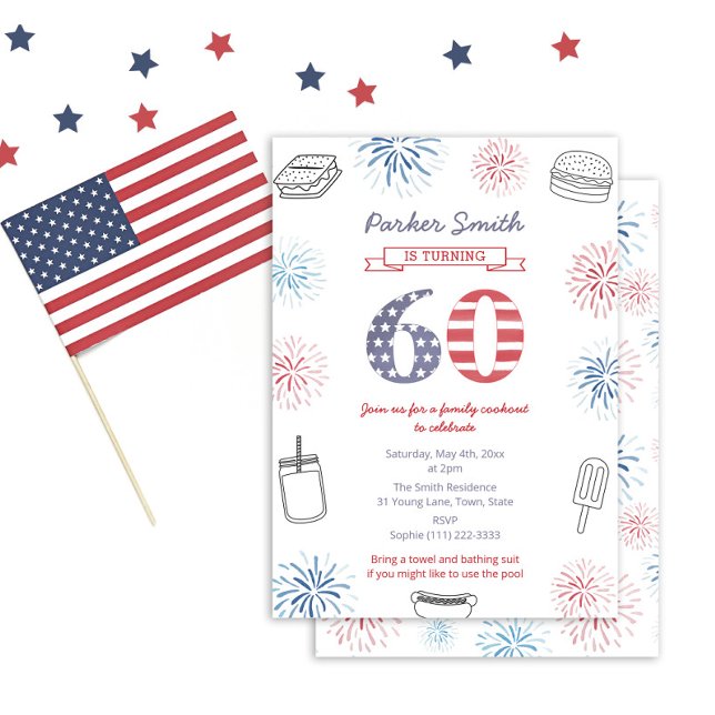 Firecracker Red White And Blue 60th Birthday Party Invitation (Stars And Stripes 60th Birthday Party Invitation For Backyard Cookout Party on July 4th Weekend)