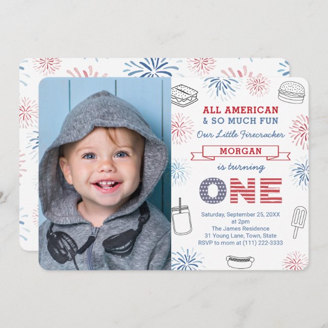Firecracker Red White Blue 1st Birthday Party Invitation (Front/Back)