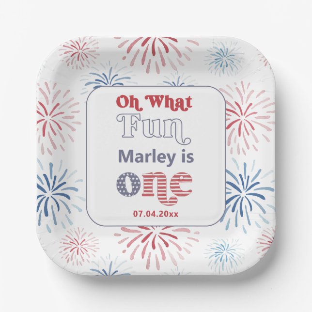 Firecracker Red White Blue 1st Birthday Party Paper Plate (Front)