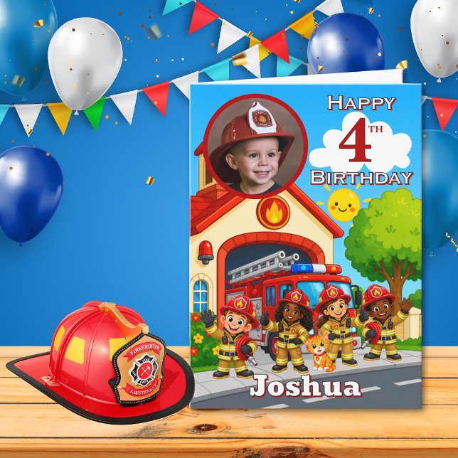 Firefighter 4th Birthday Photo Card (Creator Uploaded)