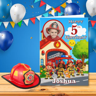 Firefighter 5th Birthday Photo Card