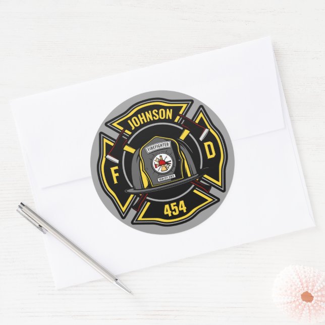 Firefighter ADD NAME Fire Department Rescue Team Classic Round Sticker (Envelope)