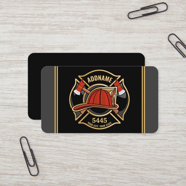Firefighter ADD NAME Fire Station Department Badge Business Card (Front/Back In Situ)