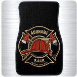 Firefighter ADD NAME Fire Station Department Badge Car Mat<br><div class="desc">Firefighter NAME Fireman Fire Department - Emblem with Red Helmet and Axe. Customise with your Name,  Station/Dept Number and location.</div>