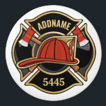 Firefighter ADD NAME Fire Station Department Badge Ceramic Knob<br><div class="desc">Firefighter NAME Fireman Fire Department - Emblem with Red Helmet and Axe. Customise with your Name,  Station/Dept Number and location.</div>