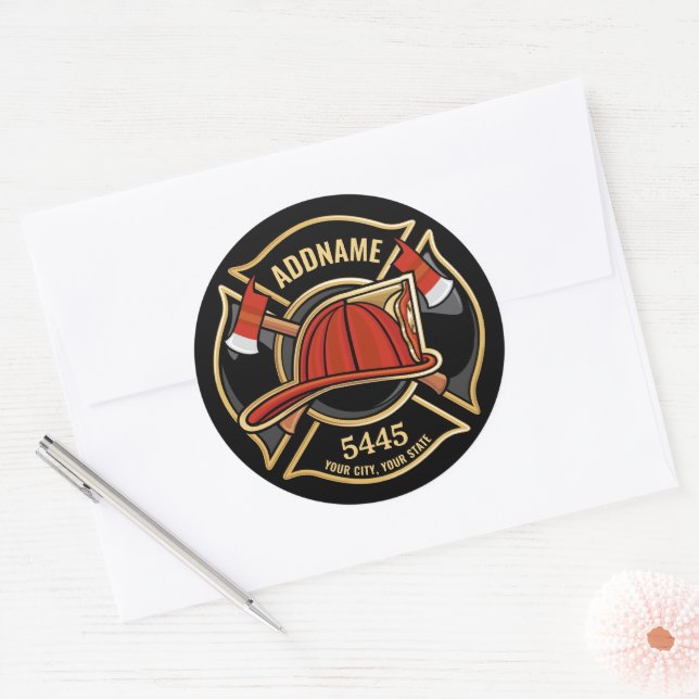 Firefighter ADD NAME Fire Station Department Badge Classic Round Sticker (Envelope)