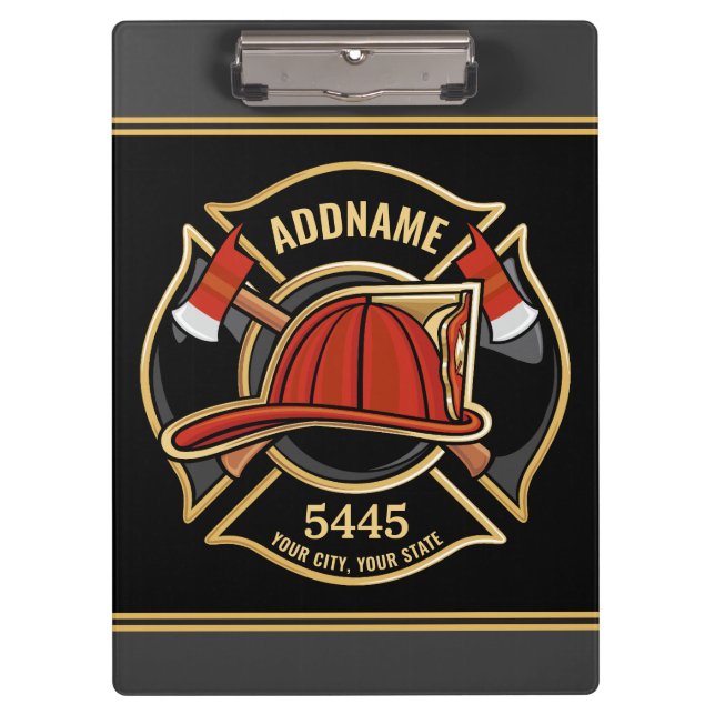 Firefighter ADD NAME Fire Station Department Badge Clipboard (Front)