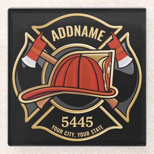 Firefighter ADD NAME Fire Station Department Badge Glass Coaster (Front)