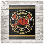 Firefighter ADD NAME Fire Station Department Badge Jigsaw Puzzle<br><div class="desc">Firefighter NAME Fireman Fire Department - Emblem with Red Helmet and Axe. Customise with your Name,  Station/Dept Number and location.</div>