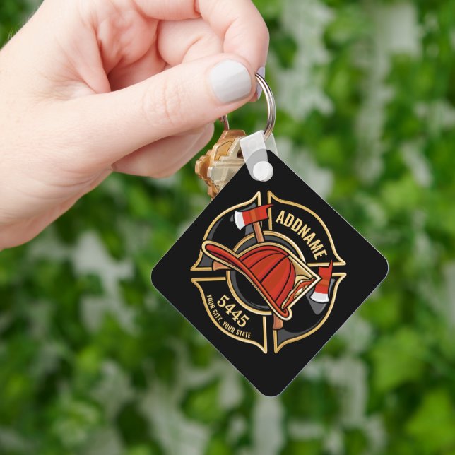 Firefighter ADD NAME Fire Station Department Badge Key Ring (Hand)