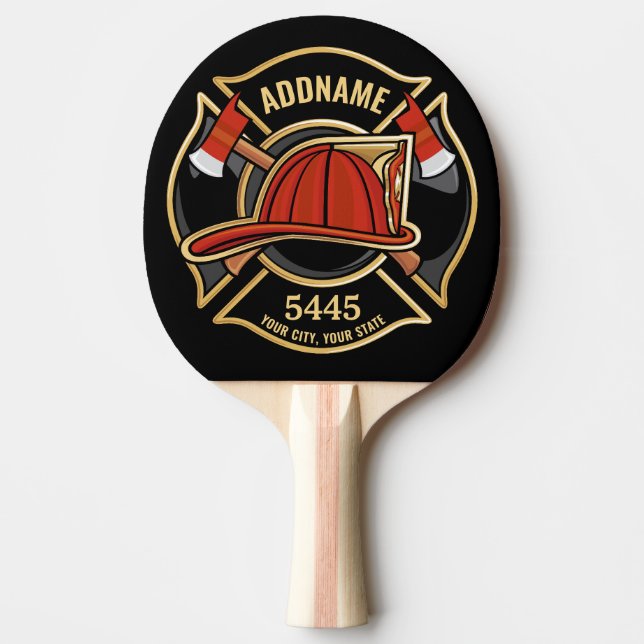 Firefighter ADD NAME Fire Station Department Badge Ping Pong Paddle (Front)