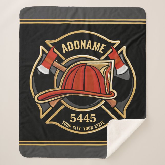 Firefighter ADD NAME Fire Station Department Badge Sherpa Blanket (Front)
