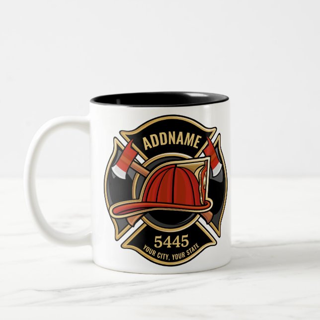 Firefighter ADD NAME Fire Station Department Badge Two-Tone Coffee Mug (Left)
