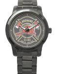 Firefighter ADD NAME Fire Station Department Badge Watch<br><div class="desc">Firefighter NAME Fireman Fire Department - Emblem with Red Helmet and Axe. Customise with your Name,  Station/Dept Number and location.</div>