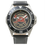Firefighter ADD NAME Fire Station Department Badge Watch<br><div class="desc">Firefighter NAME Fireman Fire Department - Emblem with Red Helmet and Axe. Customise with your Name,  Station/Dept Number and location.</div>
