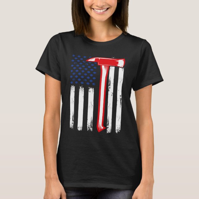 Firefighter American US flag red line Firefighter  T-Shirt (Front)