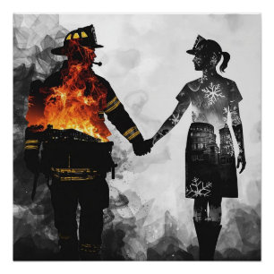 Firefighter and Nurse Couple Silhouette Art Poster