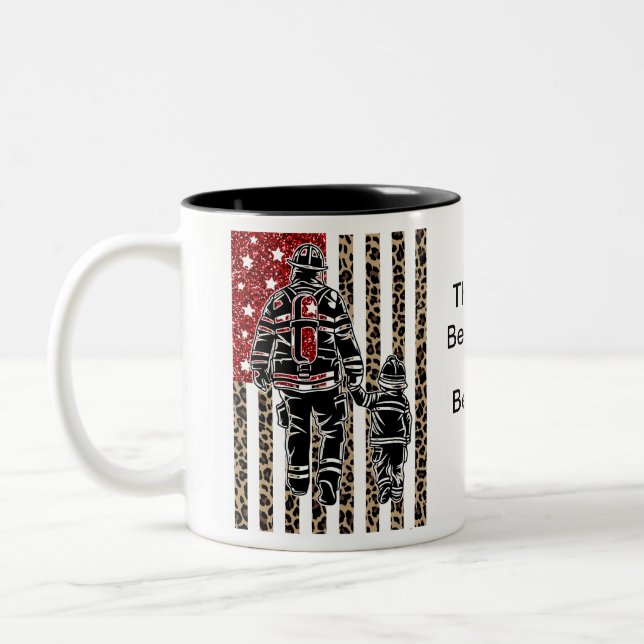 Firefighter and Son American Flag Two-Tone Coffee Mug (Left)