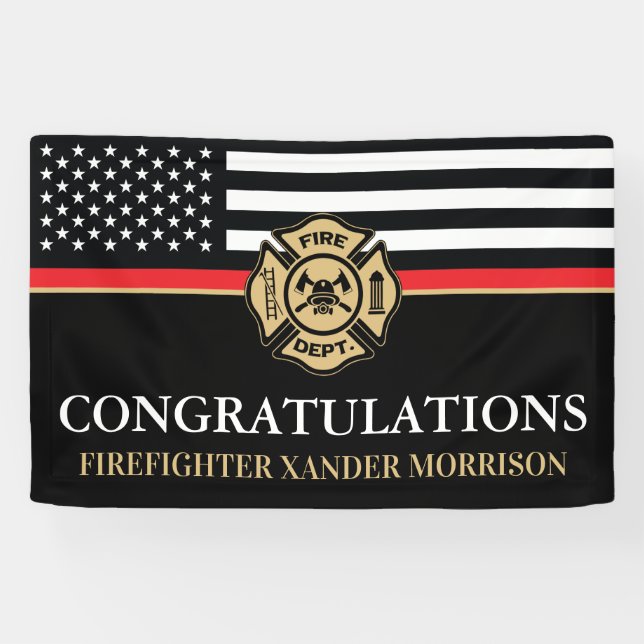 Firefighter Badge Red Line Flag Fireman Graduation Banner (Horizontal)