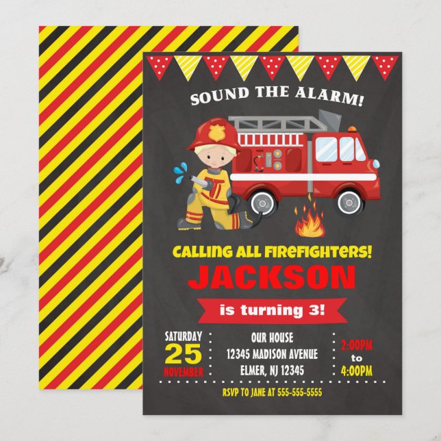 Firefighter Birthday Invitation Chalkboard (Front/Back)