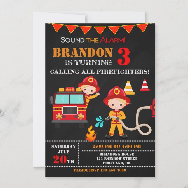 Firefighter birthday invitation Fire truck party (Front)