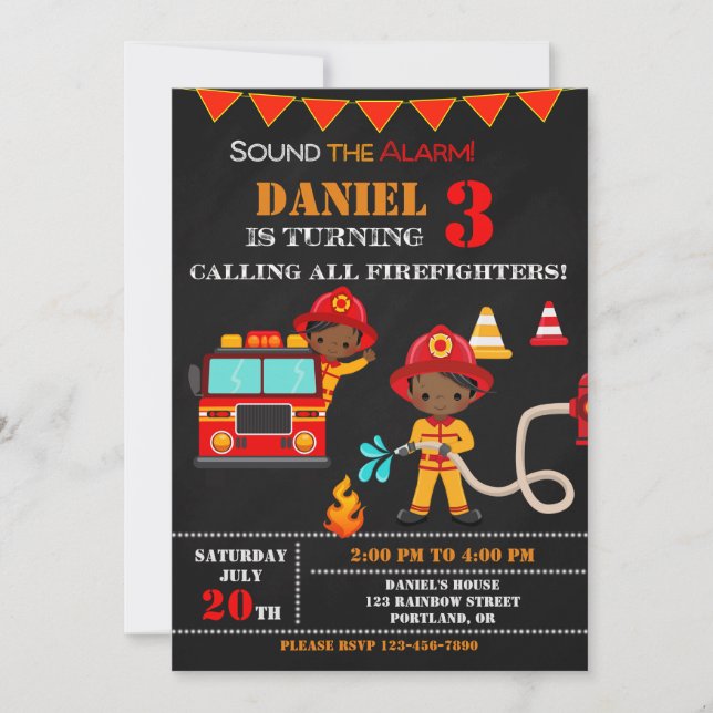 Firefighter birthday invitation Fire truck party (Front)
