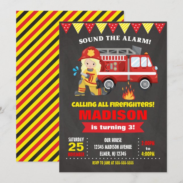 Firefighter Birthday Invitation Girl Chalkboard (Front/Back)
