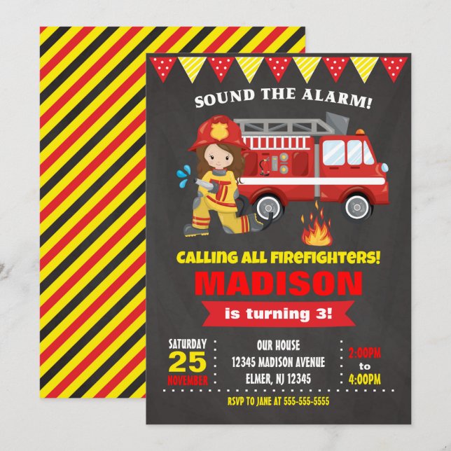 Firefighter Birthday Invitation Girl Chalkboard (Front/Back)