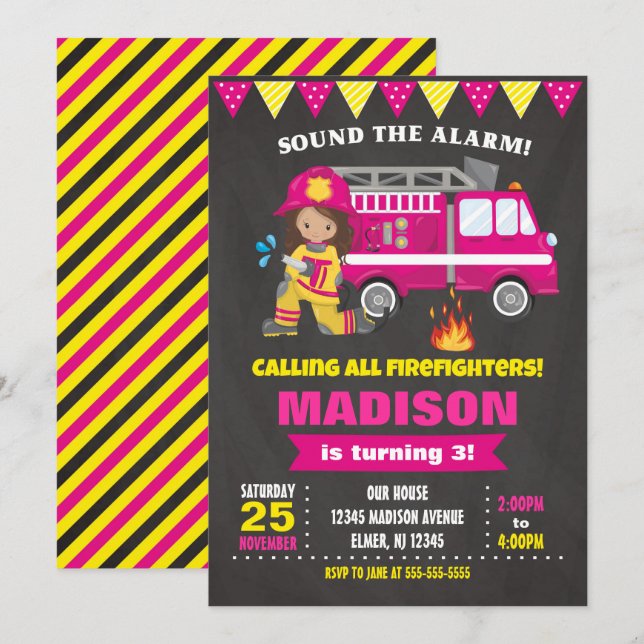 Firefighter Birthday Invitation Girl Pink (Front/Back)