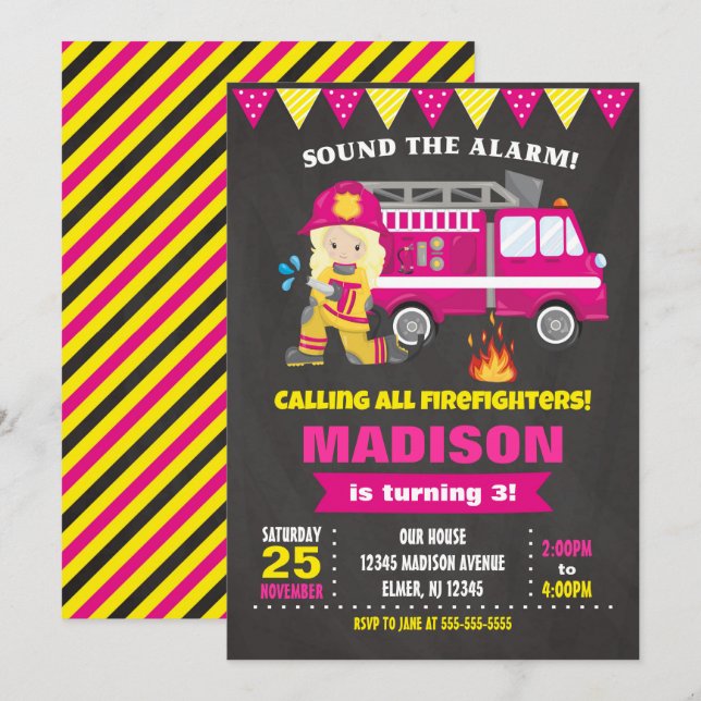 Firefighter Birthday Invitation Girl Pink (Front/Back)