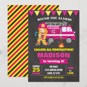 Firefighter Birthday Invitation Girl Pink