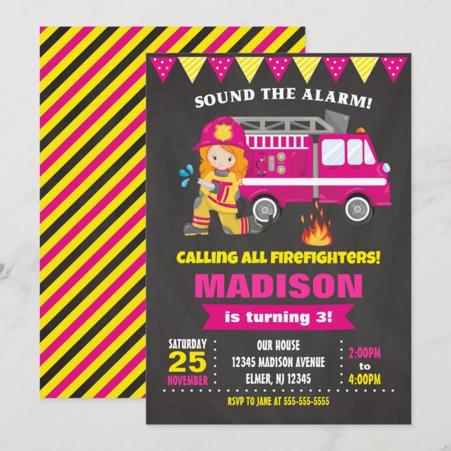 Firefighter Birthday Invitation Girl Pink (Front/Back)
